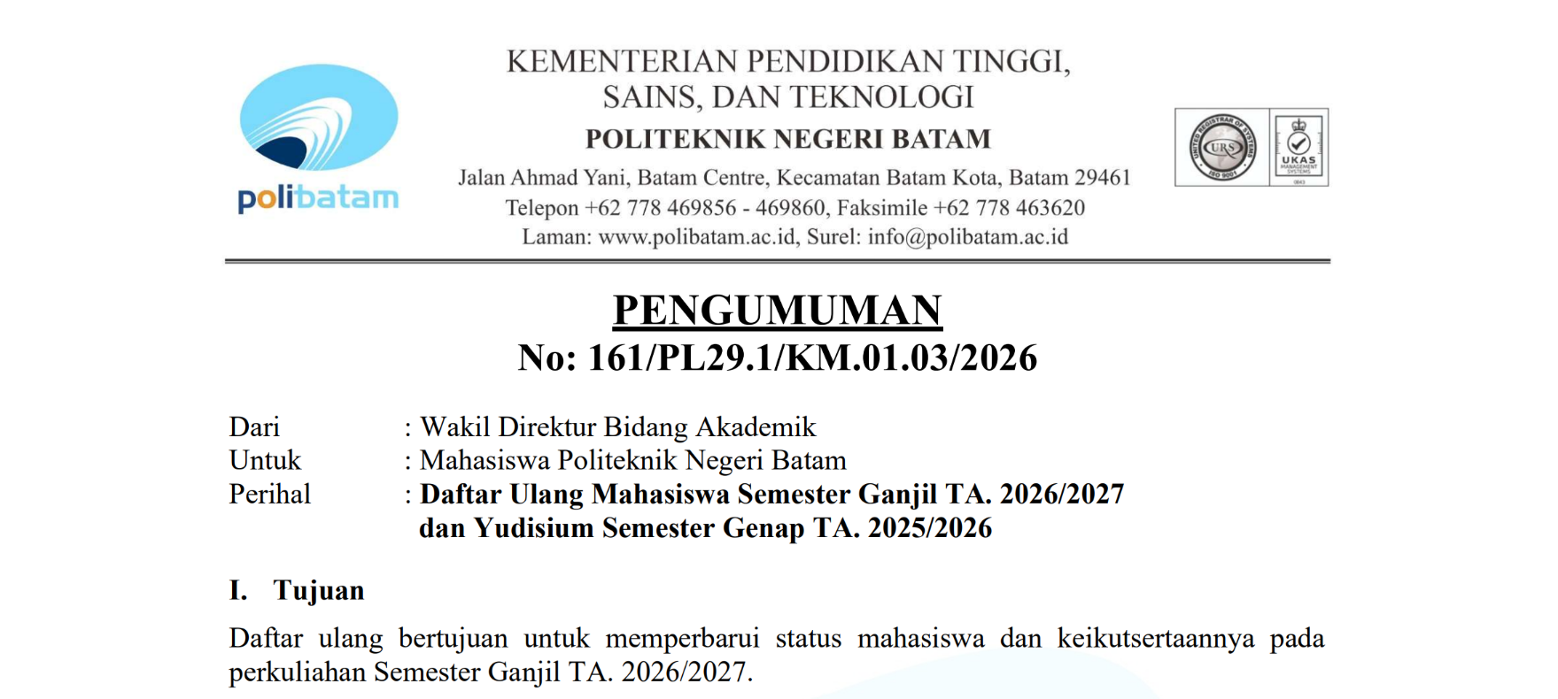 Pengumuman Daftar Ulang Semester Ganjil 2026-2027